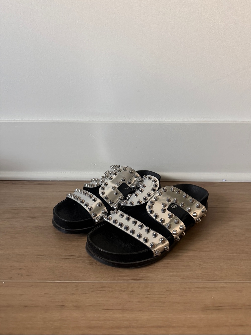 SANDRO Studded Metallic Silver Slide Sandals for Women